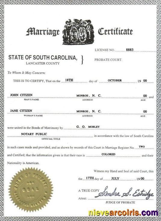 USA South Carolina marriage certificate
